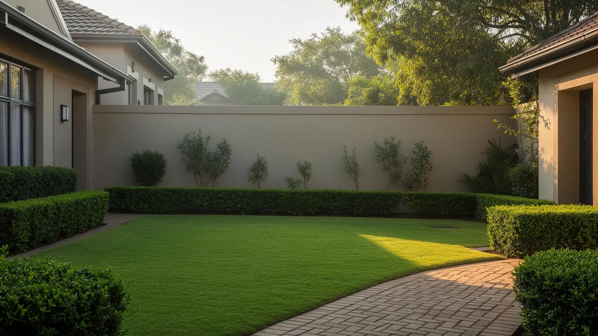 Neat complex garden with trimmed hedges, lawn and paved walkway in Randburg
